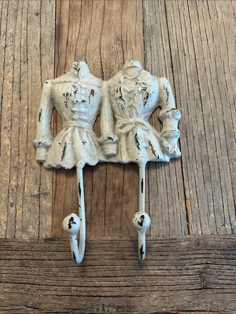 Double Dress Wall Hook - Distressed White Cast Iron